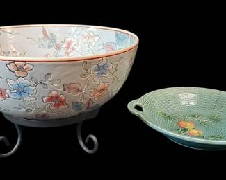 Large Chinoserie Centerpiece Bowl Majolica Fruit Bowl