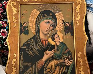 icon of Our Lady of Perpetual Help, a revered Marian image in the Catholic and Eastern Orthodox traditions.
Origin and History:
This Byzantine icon, possibly painted in Crete around the 14th century, depicts the Virgin Mary holding the Child Jesus.