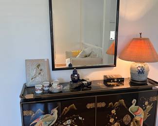 A stunning black lacquer antique Chinese Chinoiserie style sideboard w/ beautiful inlay depicting pheasants on flowers w/ mother of pearl and brass hardware.