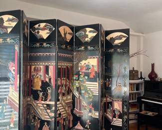 Beautiful folding Chinese lacquer Coromandel screen. 7ft. tall by 12' wide. Depicting daily Japanese life featuring Geisha, business men playing board games and Swans & floral on the back. Beautiful piece of vintage Asian Art. 20% off w/ price negotiable starting at 8:00 a.m. tomorrow.
