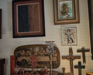 Cranberry glass
Crosses and various artwork