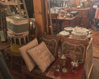 Pillows, silver tea set