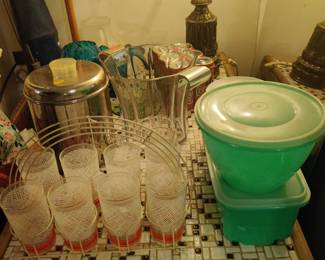 Mid-century modern glass set with caddy, vintage Tupperware 