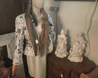 Vintage clothing Chinese statuary Martha Washington sewing cabinet