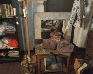 Vintage floor lamp, vintage purses, table
