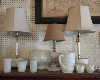 Milk glass lamps, piture cups, punch bowl