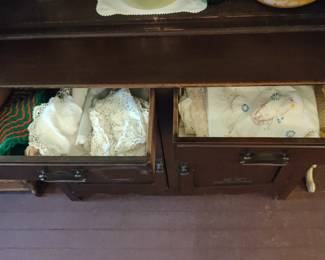 Antique hand stitched table scarves and pillowcases