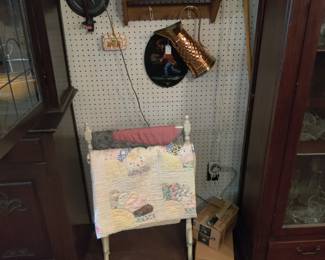 Vintage blanket rack, antique quilts