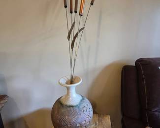Bruce Odell 2006 Raku Vase. Extremely heavy! Cattails are made of copper.