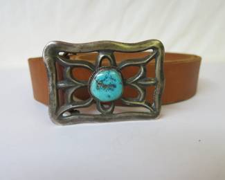 Old Pawn Navajo Cast Silver and Turquoise Buckle