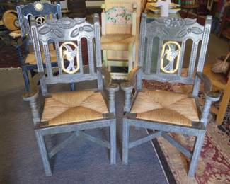 Spanish Colonial Carved MFA Eronga Hummingbird Chair Pair