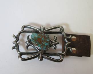 Old Pawn Navajo Cast silver and Turquoise Belt Buckle