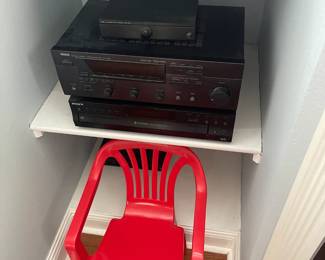 Yamaha RX-V390 Natural Sound A/V receiver.
Niles TVC-1 Tabletop Stereo Volume Control.
Sony CDP-CE500 5-Disc CD Changer.