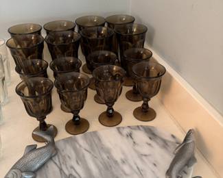 Arthur Court Marble/Pewter fish handle serving board or cheese and sausage plate & Imperial glass
