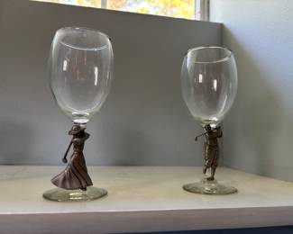 Old Time lady golfer and man golfer in pewter on wine glasses