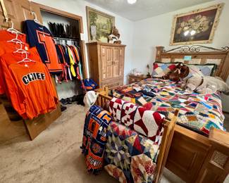 bedroom set, men's Illini clothing, beautiful vintage/antique crazy quilt