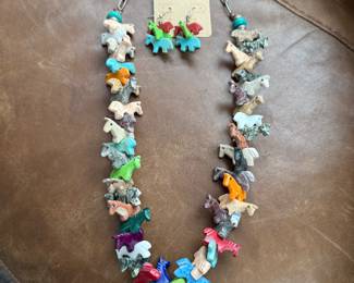 Zuni horse fetish necklace & earrings set