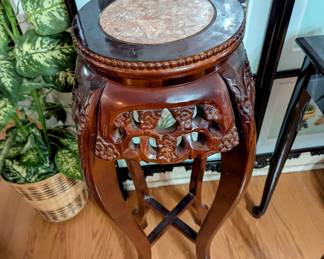 Fabulous Carved Plant Stand with Rose Marble insert - $300 each (2 available). 13.75" diameter x 36" tall.