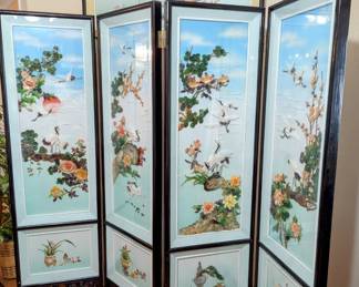 Four panel room divider / Decor - $310. Beautiful carved wood frame. 80" wide x 71" tall. The back is pretty as well.