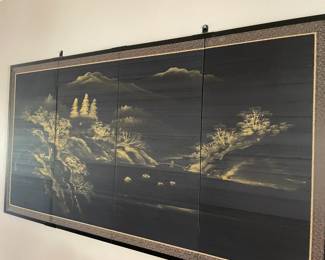 Four- panel Japanese Lacquer Featuring a landscape& water scene& distant mountains . Likely a form of Marquetry. $ 80.00