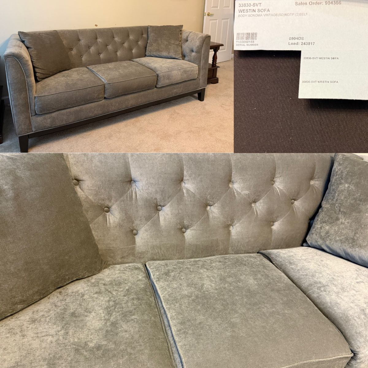 Grey Velvet Chesterfield style Tufted Back 3 Seater Sofa Westin Sofa