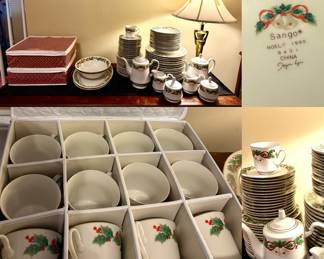 1990 Sango Noel # 8401 Service for 14 China
2 serving platters, 2 serving bowls, 2 Teapots & 2 sets Cream/Sugar