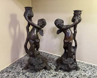 Pair Bronze Cherub Candlesticks