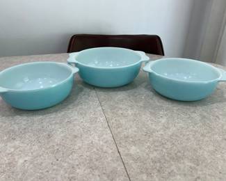 Vintage Pryex Turquoise Blue & White Serving Bowls