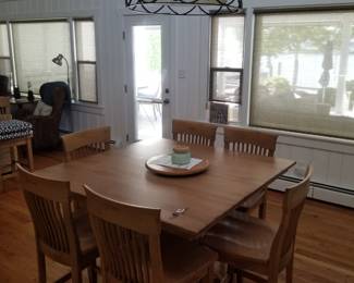 High top dining set seats 8; chandelier