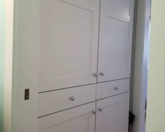 White contemporary kitchen includes a large pantry