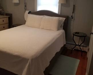 Queen bed with upholstered headboard & footboard; reading lamps - two available