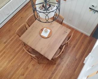 High top dining set seats 8; chandelier