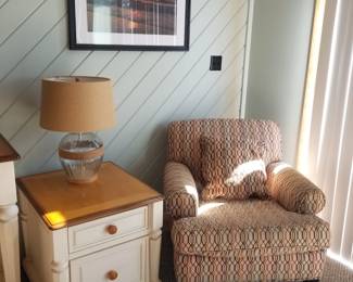 Cozy chair - two available; end table; table lamp