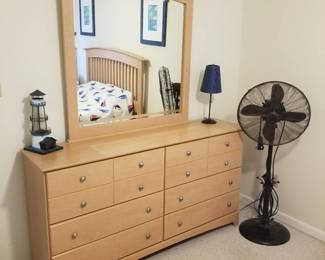 Queen bedroom set: dresser with mirror, Floor fan