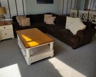 Navy sectional sofa; sturdy coffee table with 3 drawers