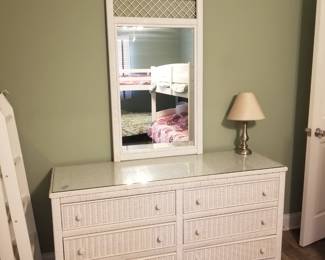 6-drawer white wicker dresser with mirror & glass top