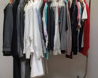 Rack of clothes, coat, bathrobe, button down. Lot # 36