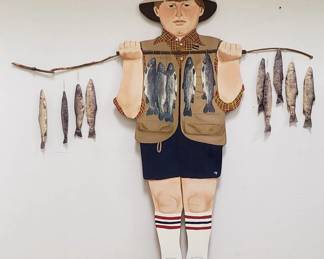Jessie Homer hand-painted on wood "Spencer with Trout" mixed media. Lot #291