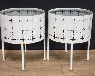 Pair of modern metal side tables with glass top. Lot # 221