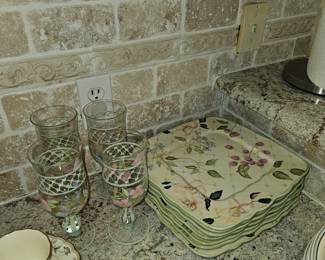 Beautiful pansy and berry square shaped lattice background plates with matching tea glasses