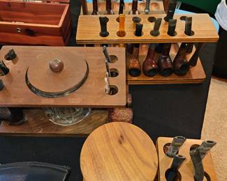 Multiple tobacco stands, pipes , boxes, jars