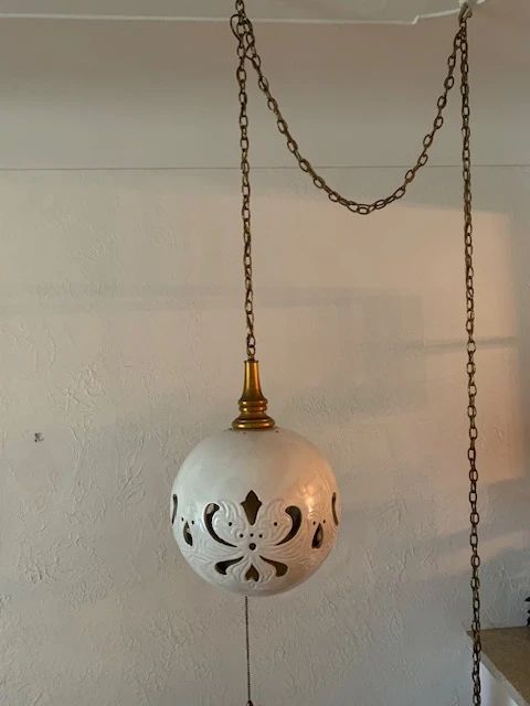Vintage Hanging Light, Chandelier, Glass Light, 1960s, Globe Light, Lamp, Gold and White