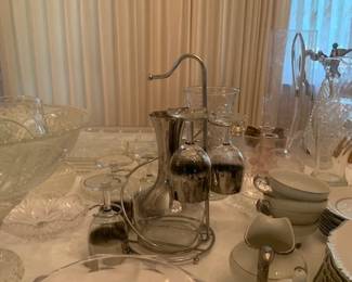 France Silver Carafe and Stemmed Wine Glasses With Stainless Steel Caddy with Chine set & Decanter wine container & Crystal punch Bowl set