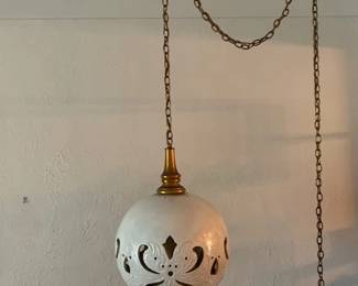 Vintage Hanging Light, Chandelier, Glass Light, 1960s, Globe Light, Lamp, Gold and White