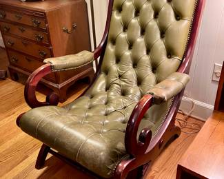 Green leather chesterfield campaign chair