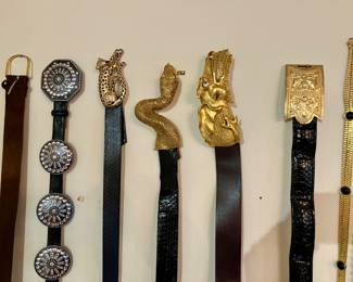 Designer belts. Christopher Ross dragon belt buckle, Christopher Ross snake belt buckle, Alexis Kirk belts, etc