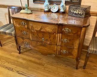 Antique French baroque commode with marquetry front and top