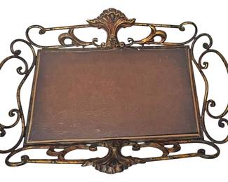 Scrolled Metal Tray With Faux Leather Inset