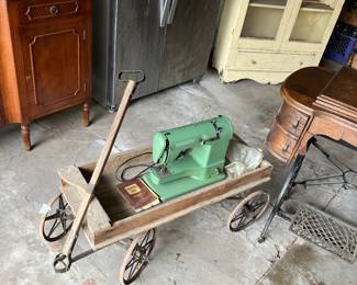 Antique wagon, sewing machine and more