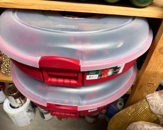 Christmas ornaments and wreathes in storage containers